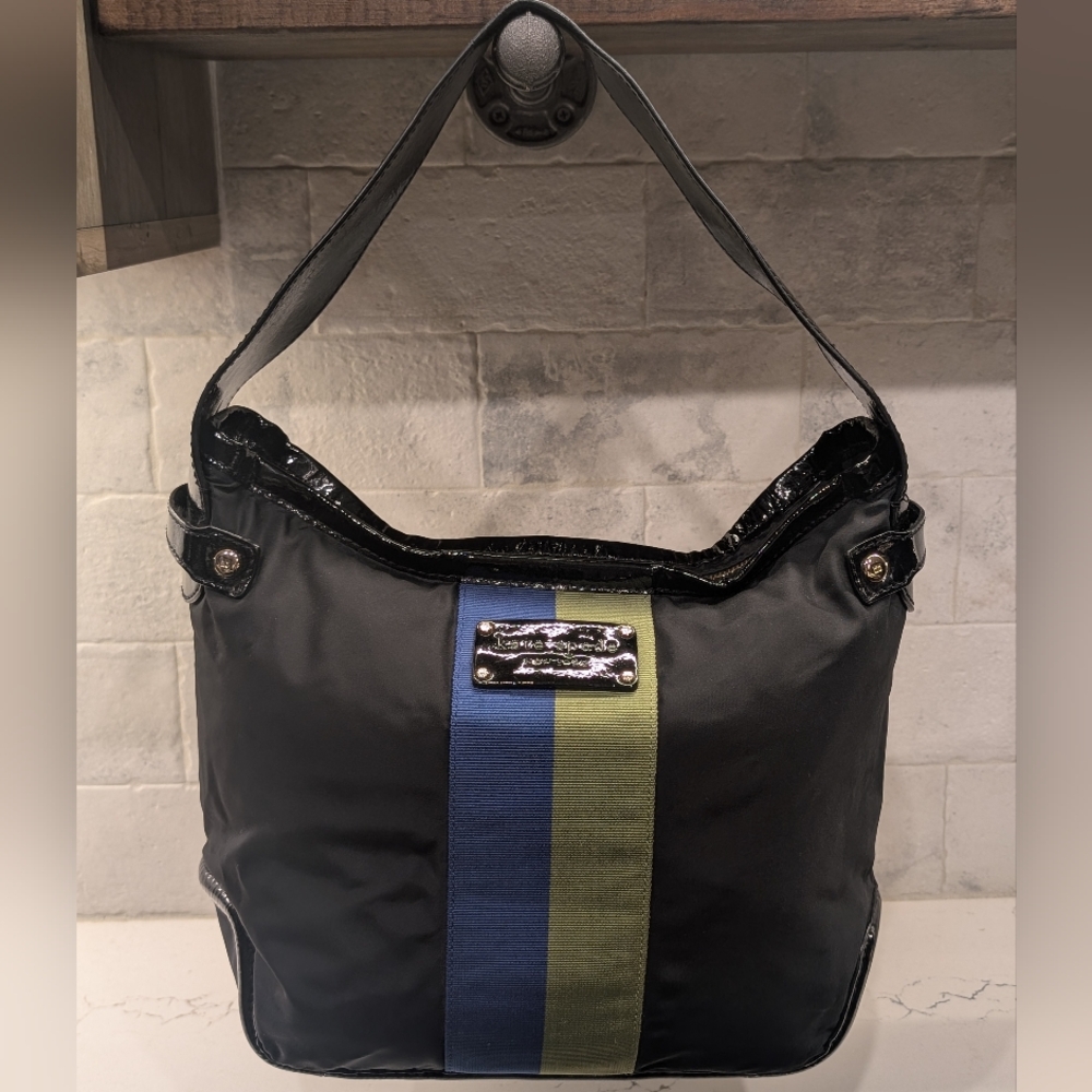 KATE SPADE Black Shoulder Bag with Blue and Olive Stripe